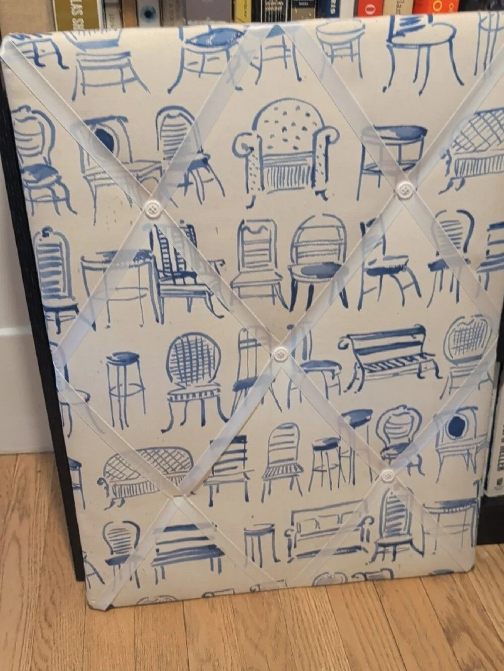 Vintage French Toile Style Ribbon Memory Board / Fabric Bulletin Board – Blue &